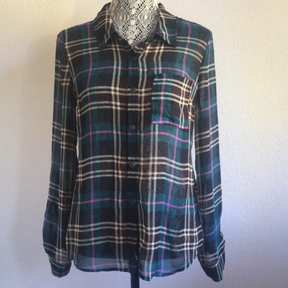 EUC Modcloth Sheer Plaid Button Down Blouse 1X - Picture 12 of 16